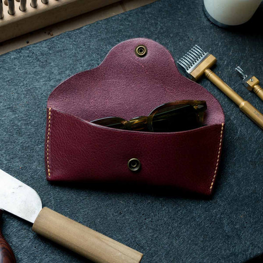 Burgundy leather glasses and sunglasses case handmade by Explorer Leather