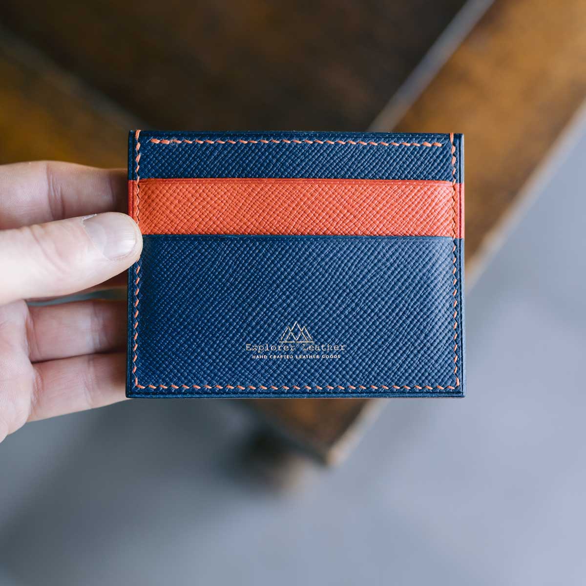Five Pocket Card Holder V2 - Blue & Orange with Orange Stitching and Orange Lining.