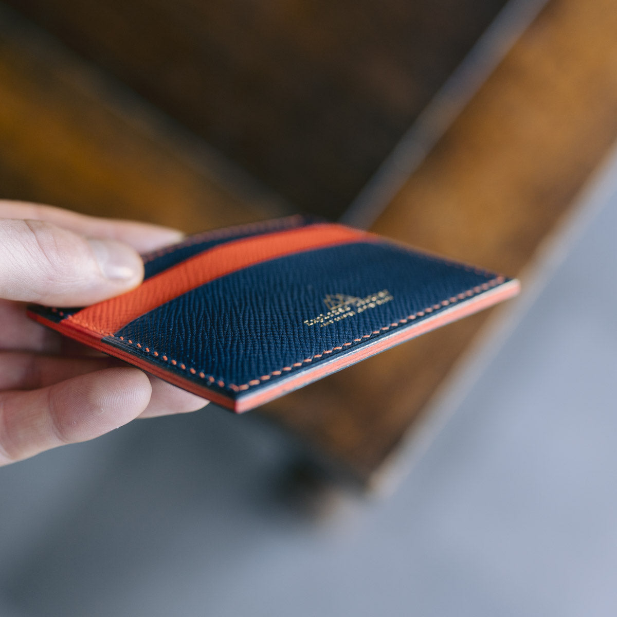 Five Pocket Card Holder V2 - Blue & Orange with Orange Stitching and Orange Lining.
