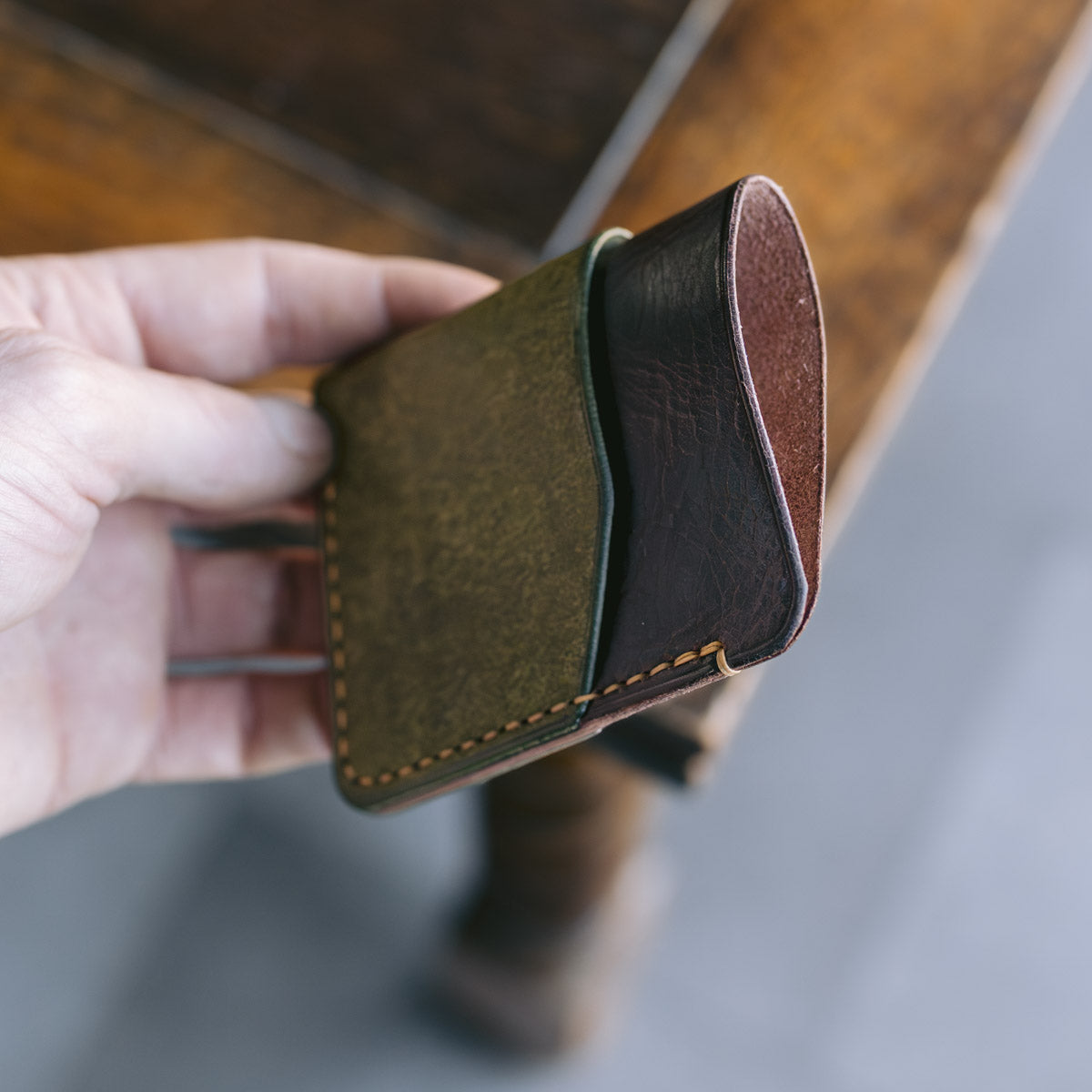 Minimalist Cardholder - Brown and Green with Tan stitching