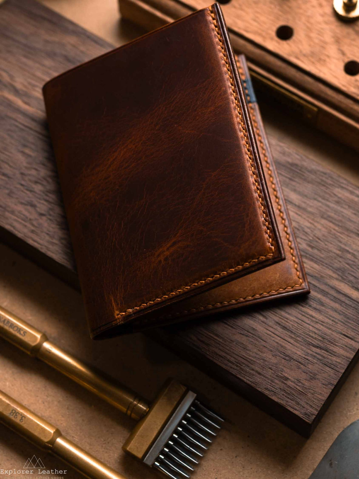 Cognac Badalassi Carlo Wax leather outer cover of vertical bifold wallet