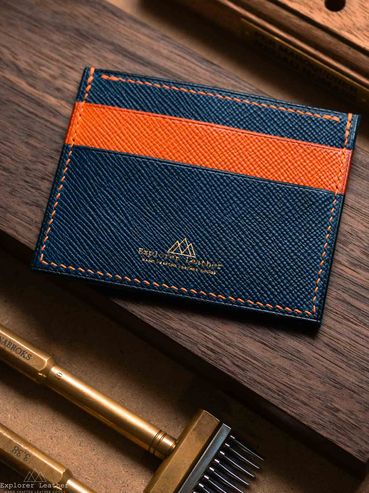 Close view of navy leather five pocket card holder