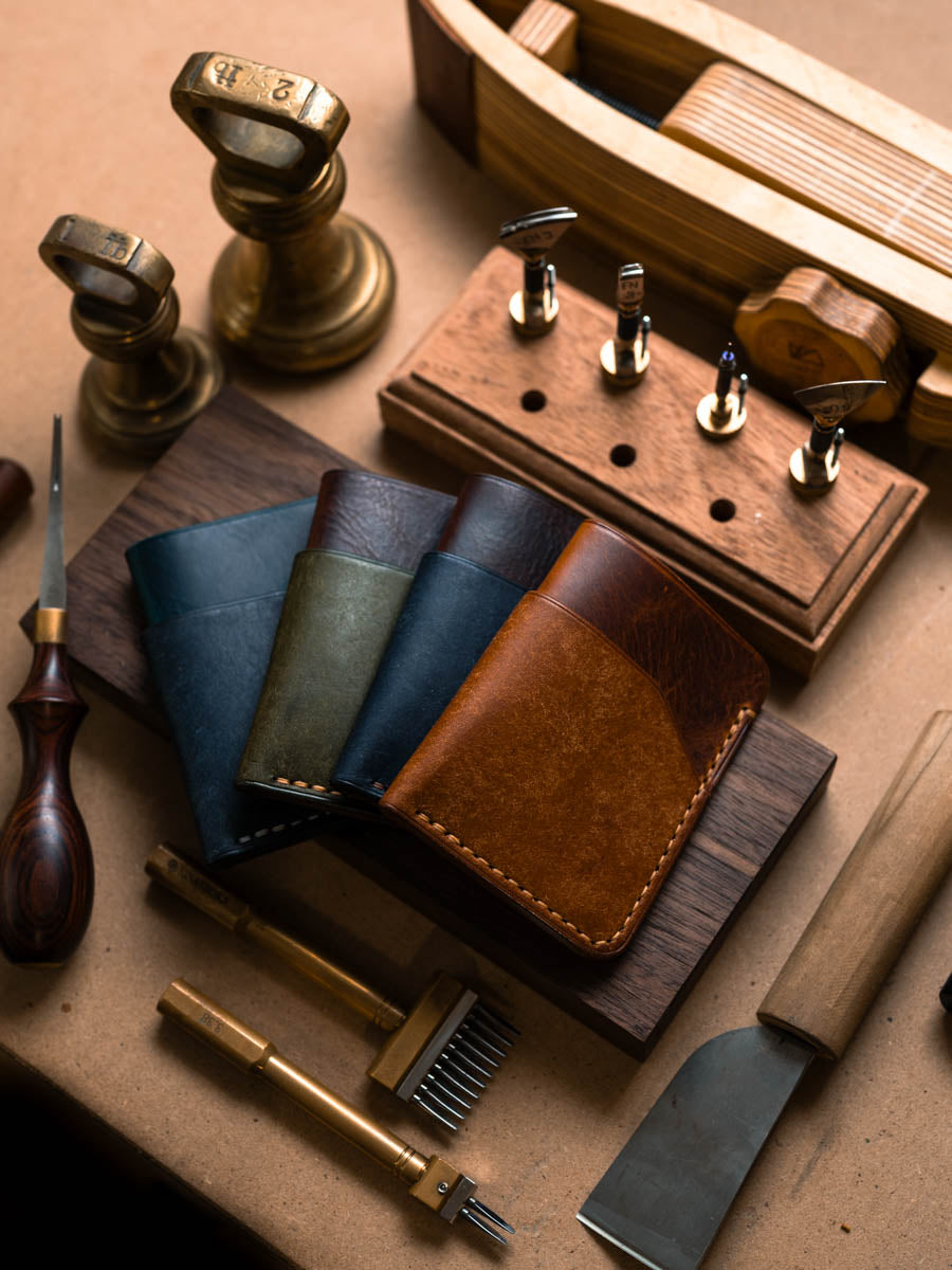 Three pocket leather card holders in assorted colours