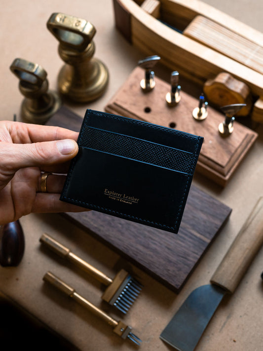 Five pocket navy card holder opened to show slots