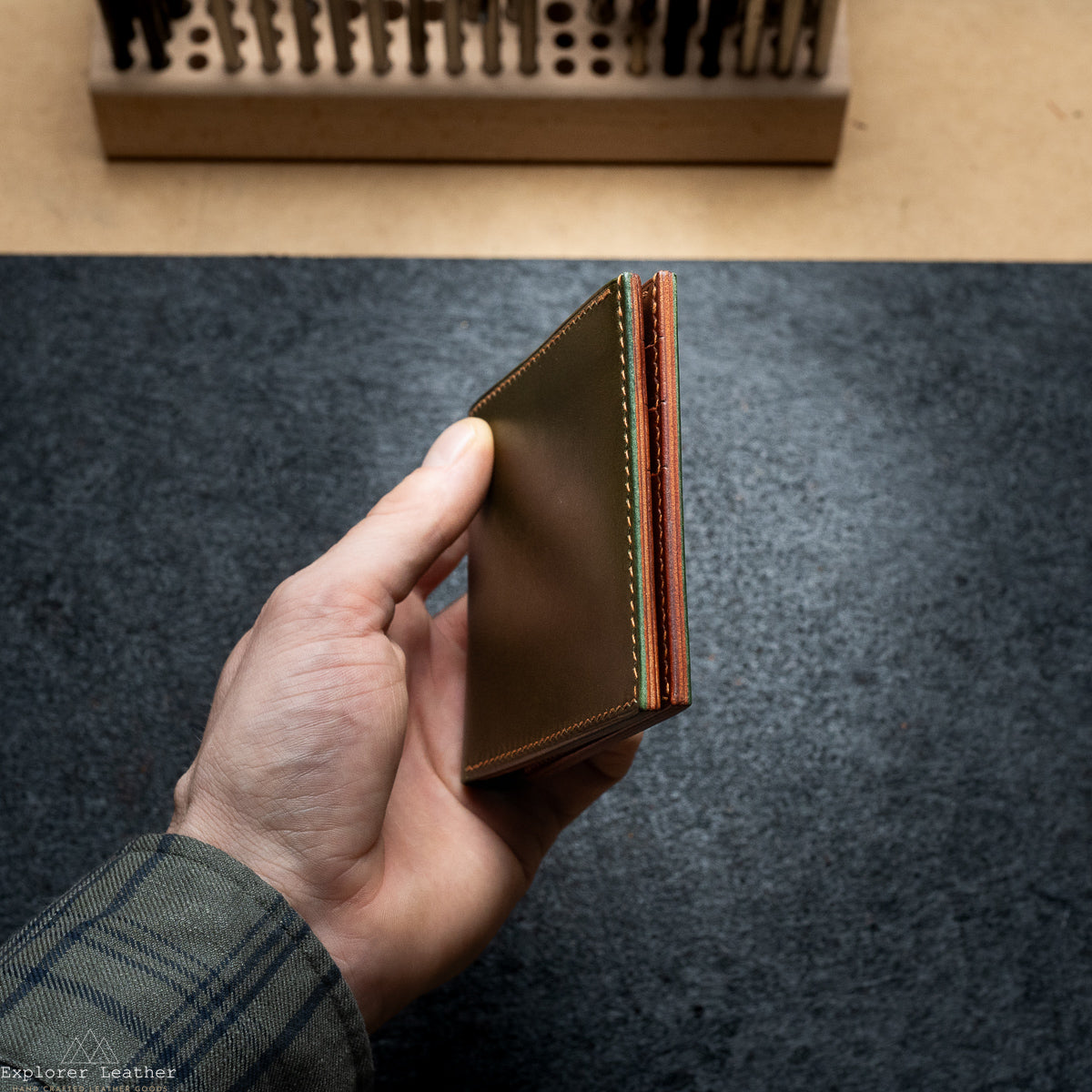 Signature Classic Bi-Fold Wallet - Italian Full Grain Leather - Olive Green and Tan Brown - Caramel Stitching.