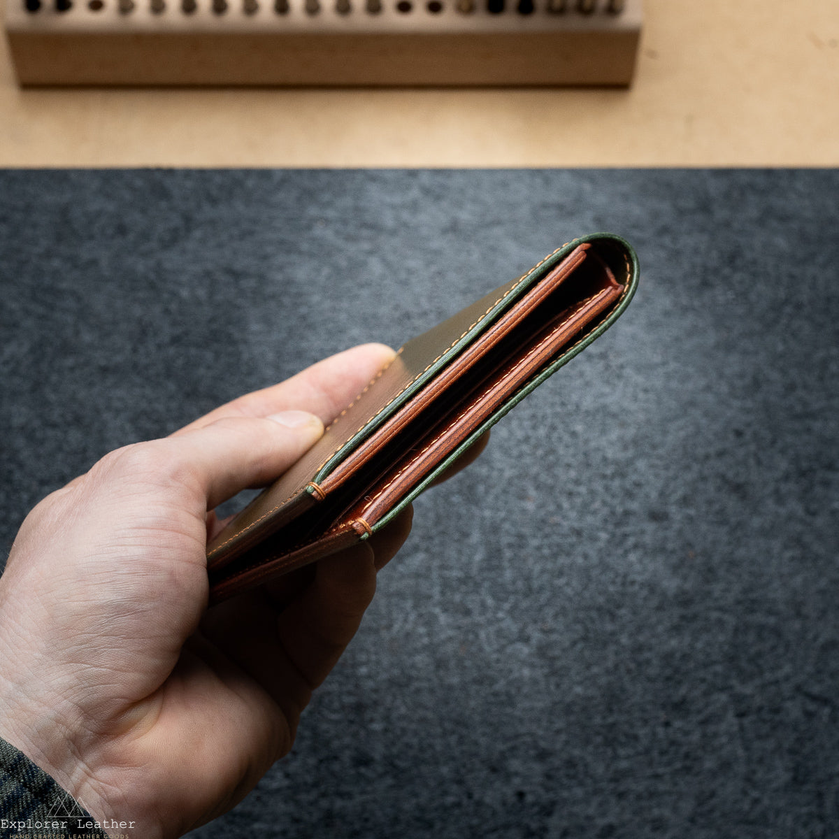 Signature Classic Bi-Fold Wallet - Italian Full Grain Leather - Olive Green and Tan Brown - Caramel Stitching.