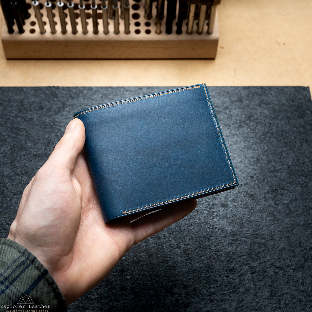 Signature Classic Bi-Fold Wallet - Italian Full Grain Leather - Navy Blue and Tan Brown - Caramel Stitching. (Copy)