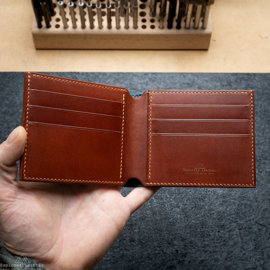 Classic Bi-Fold Wallet - Signature Collection- Italian Full Grain Leather - Navy Blue and Tan Brown