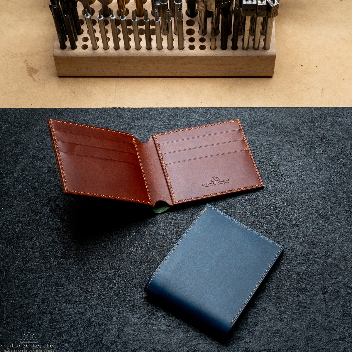 Signature Classic Bi-Fold Wallet - Italian Full Grain Leather - Navy Blue and Tan Brown - Caramel Stitching. (Copy)