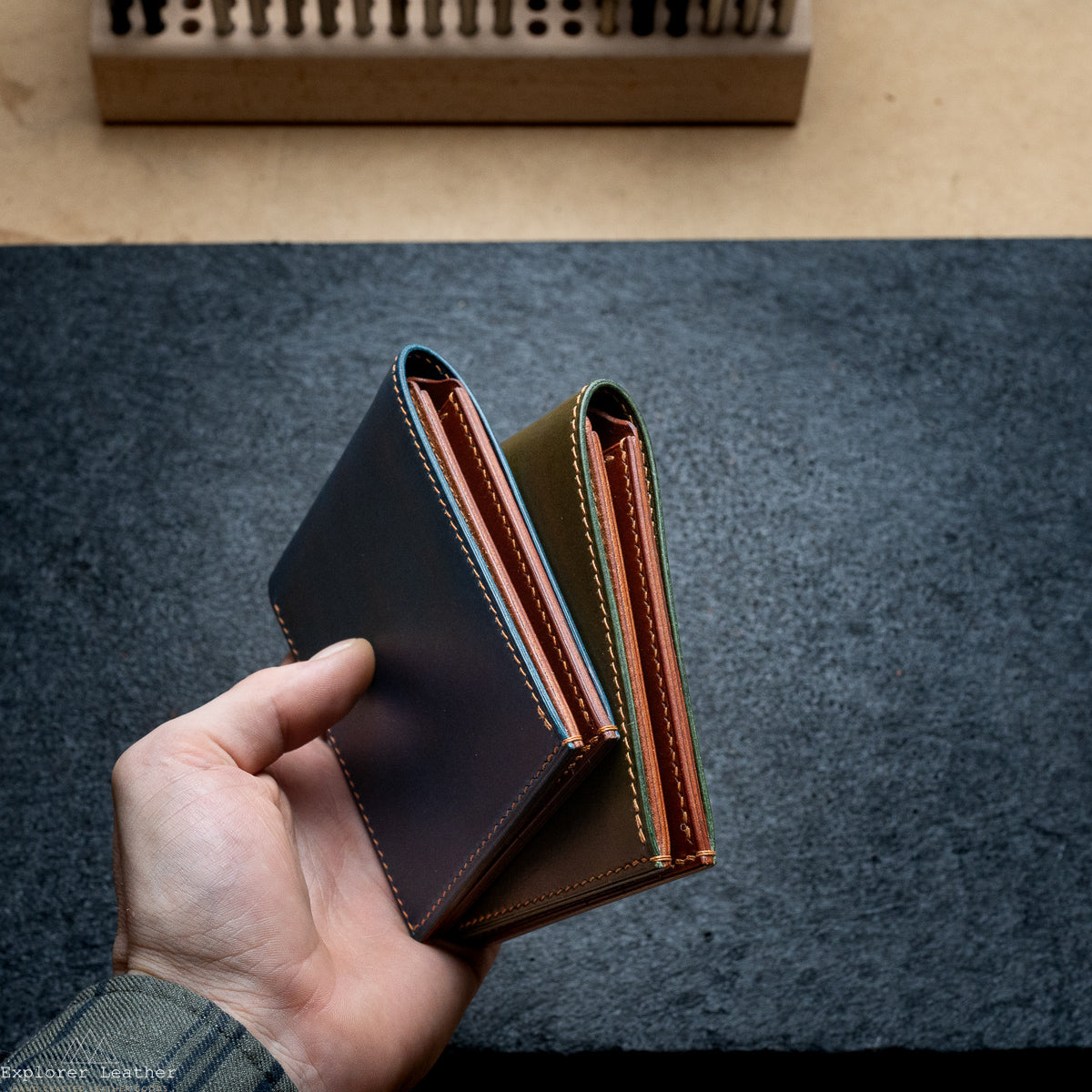 Signature Classic Bi-Fold Wallet - Italian Full Grain Leather - Navy Blue and Tan Brown - Caramel Stitching. (Copy)